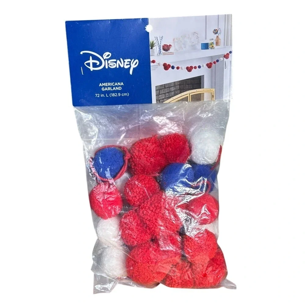 Disney Mickey Mouse Americana Garland Pom Pom - Red, White & Blue 72in GIFT NEW